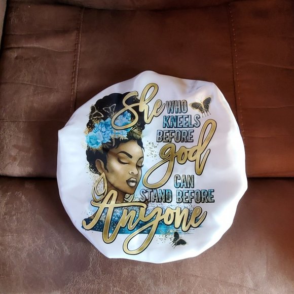 Women's Teal Gold Custom Faith Religious Design Satin Handmade Hair Bonnet - Picture 1 of 2